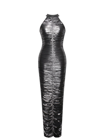 Abril Ruched Silver Glitter Backless Gown