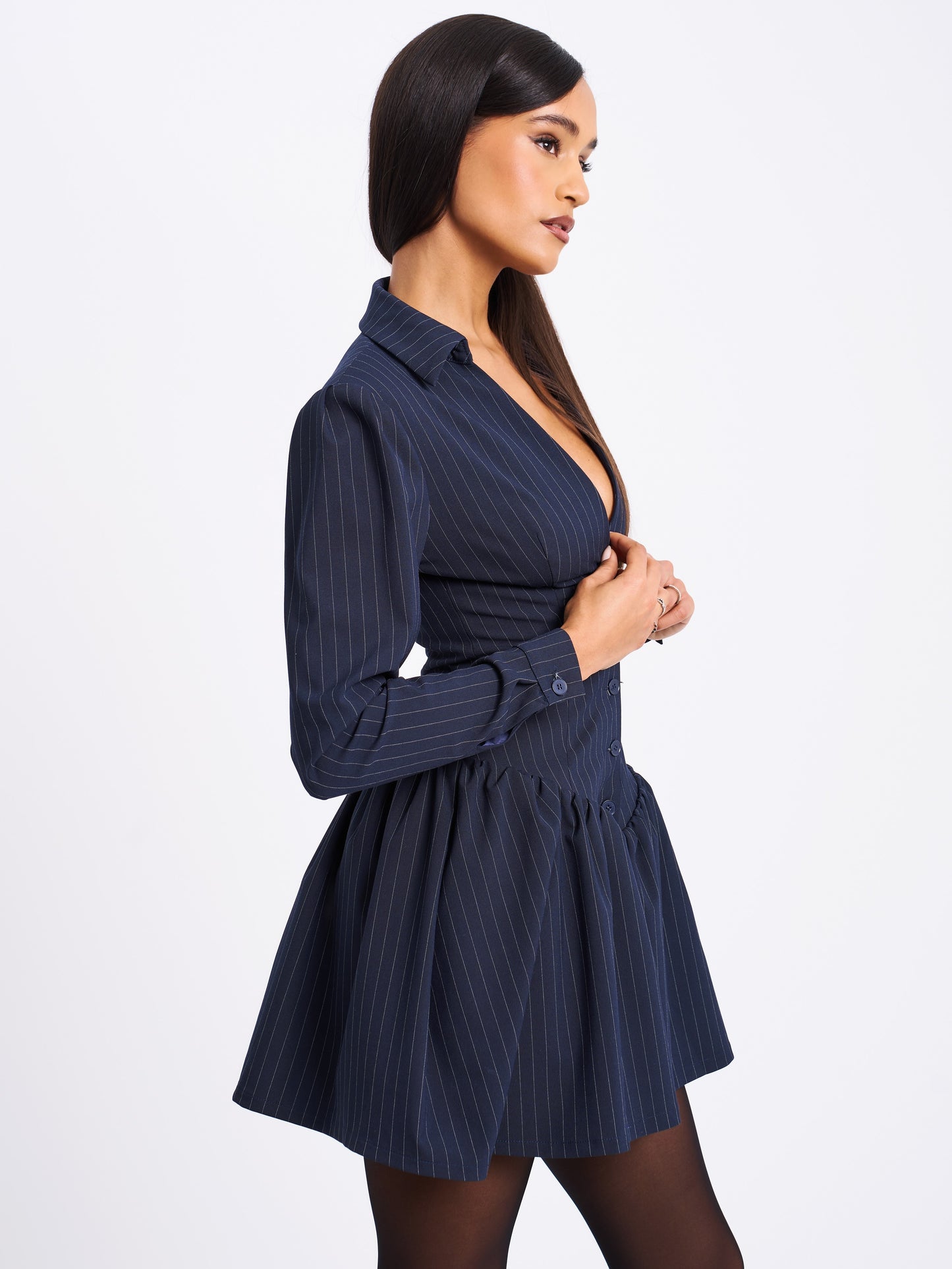 Xabrina Navy Blue Pinstripe Long Sleeve Dress