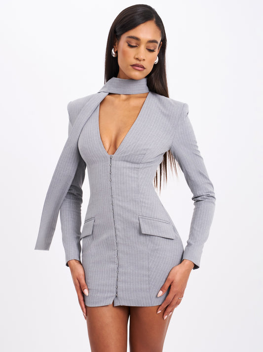 Tahlia Deep V Pinstripes Gray Blazer Dress