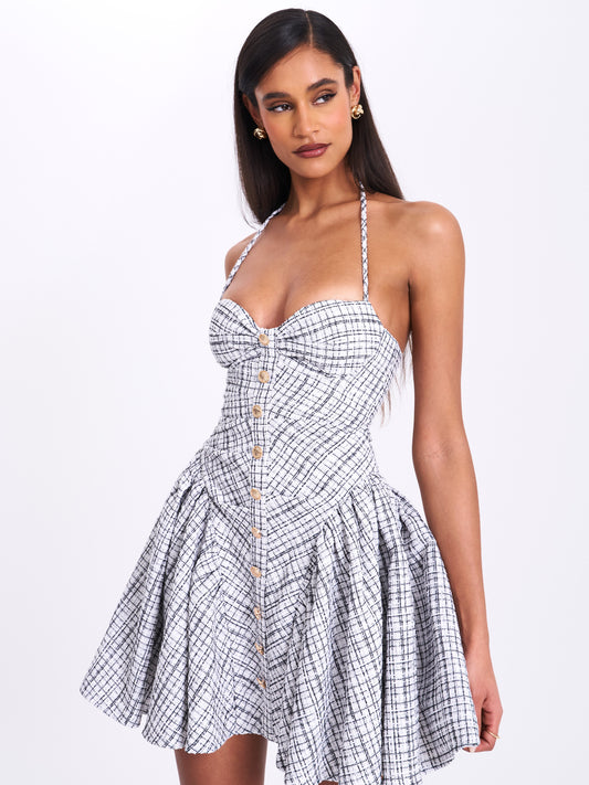 Melody Plaid Tweed Halter Drop Waist Mini Dress