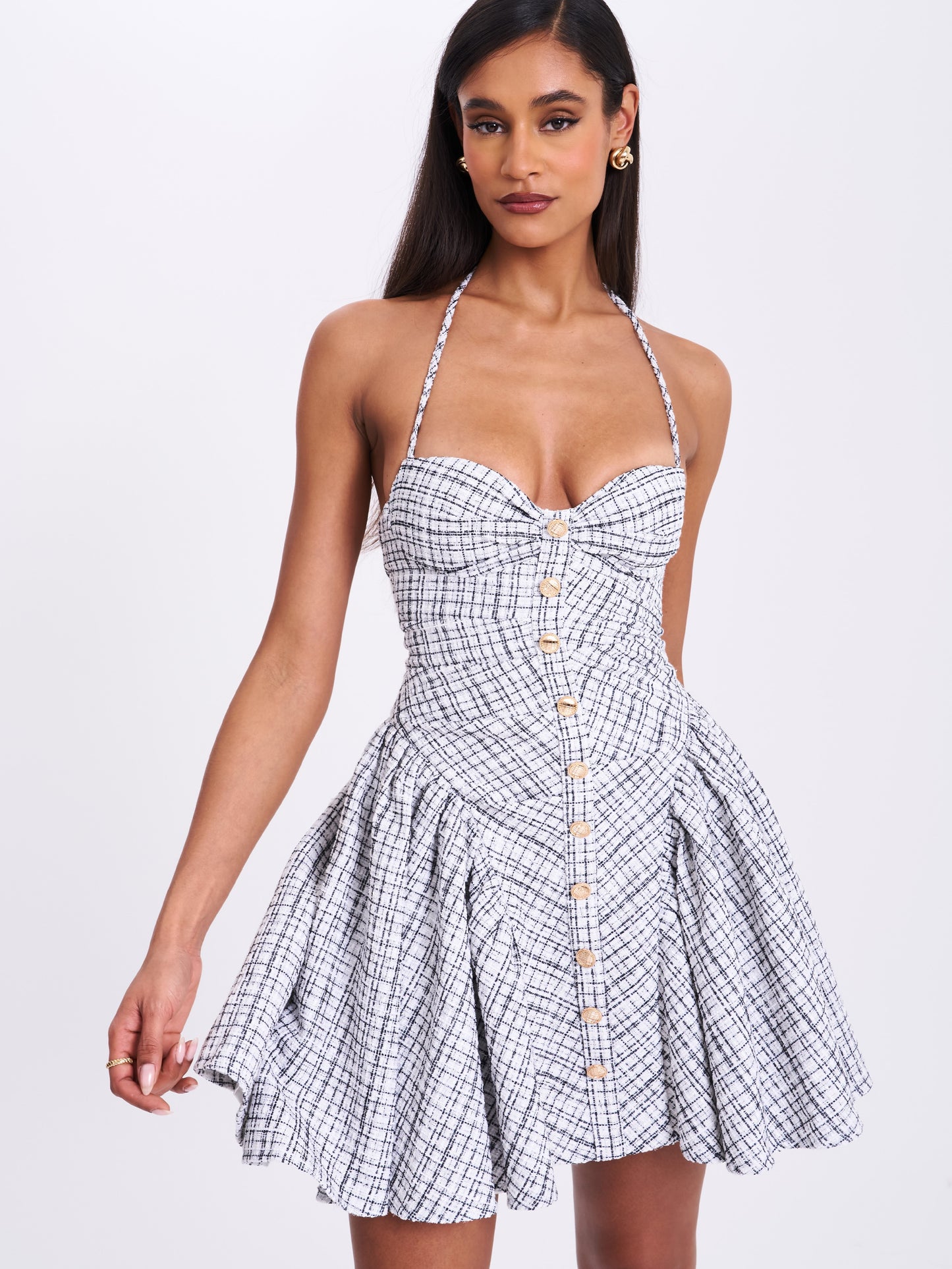 Melody Plaid Tweed Halter Drop Waist Mini Dress