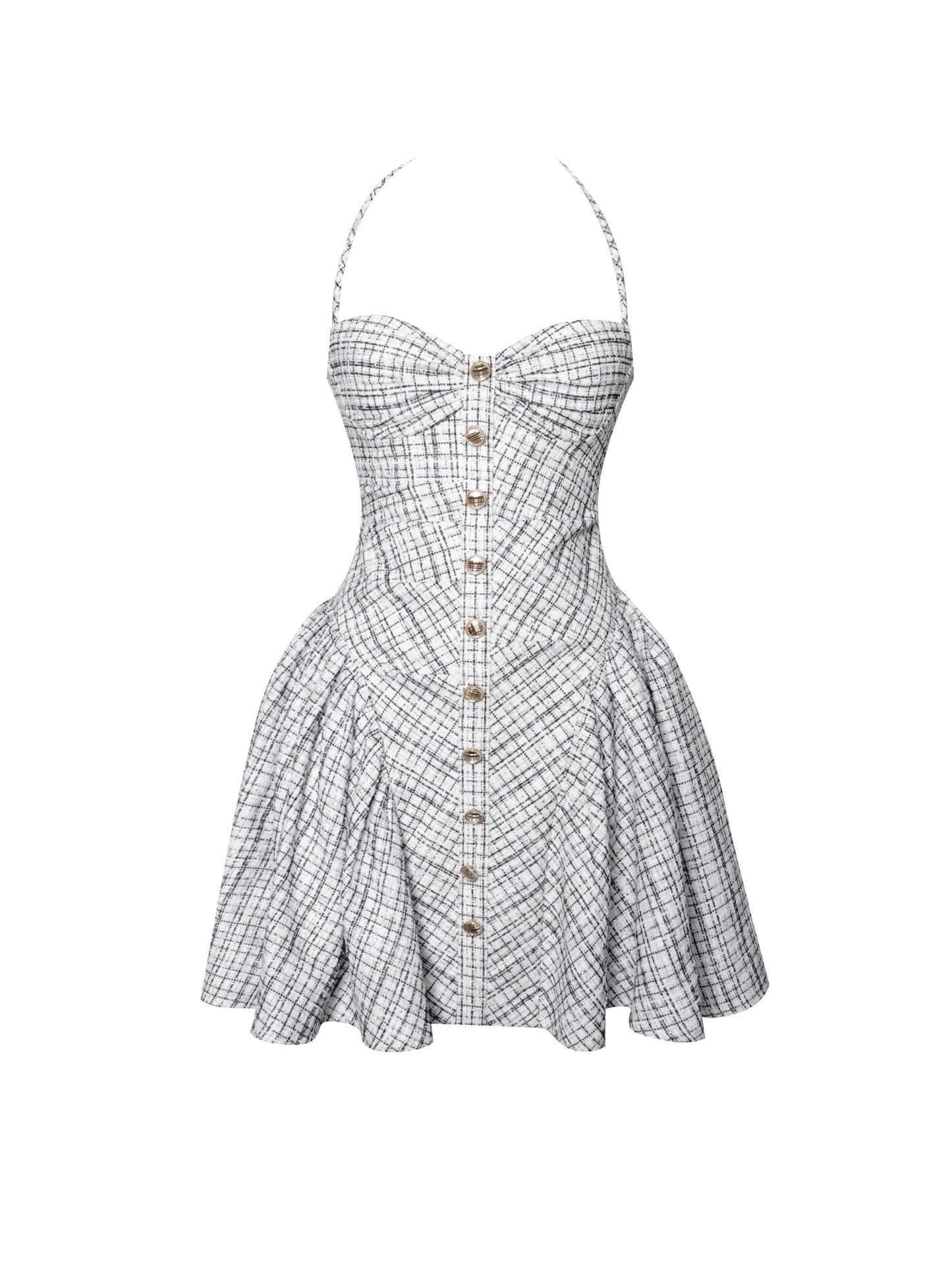 Melody Plaid Tweed Halter Drop Waist Mini Dress