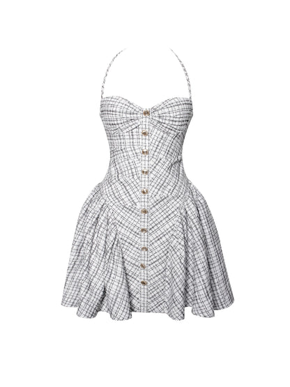 Melody Plaid Tweed Halter Drop Waist Mini Dress