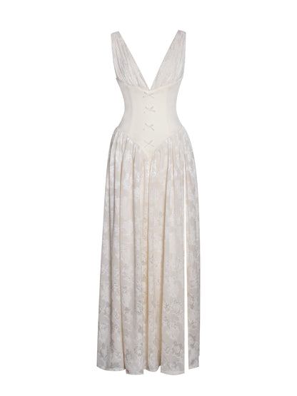 Sabrina Yellow High Slit Jacquard Maxi Dress