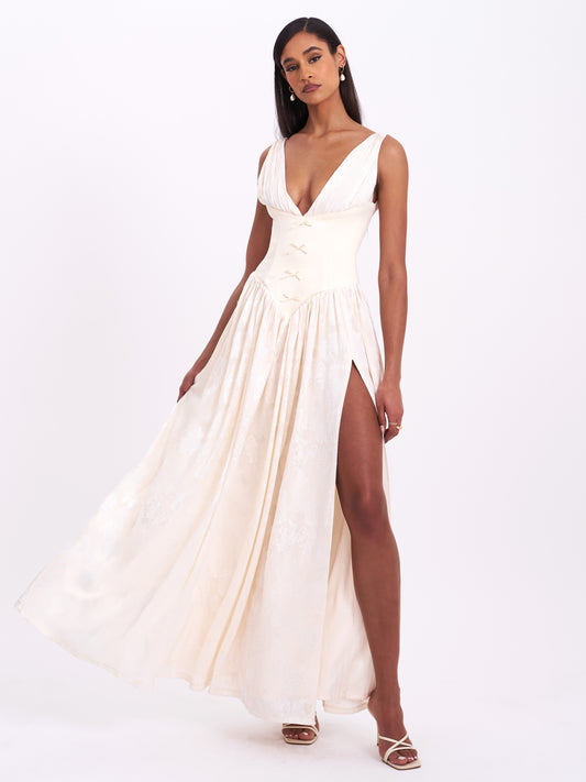 Sabrina Yellow High Slit Jacquard Maxi Dress