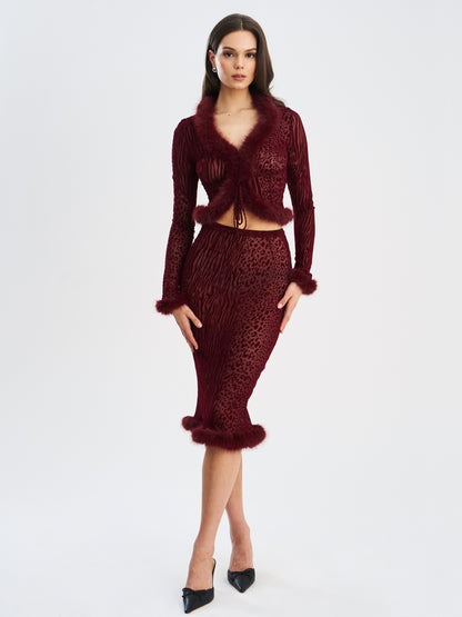 Halia Burgundy Animal Print Burnout Velvet Skirt