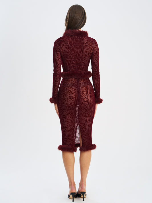 Hali Burgundy Animal Print Burnout Velvet Fur Top