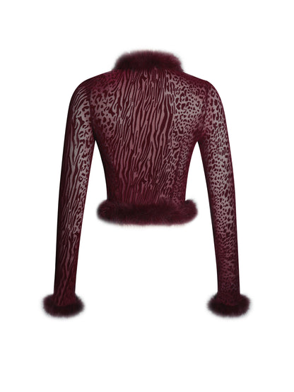 Hali Burgundy Animal Print Burnout Velvet Fur Top