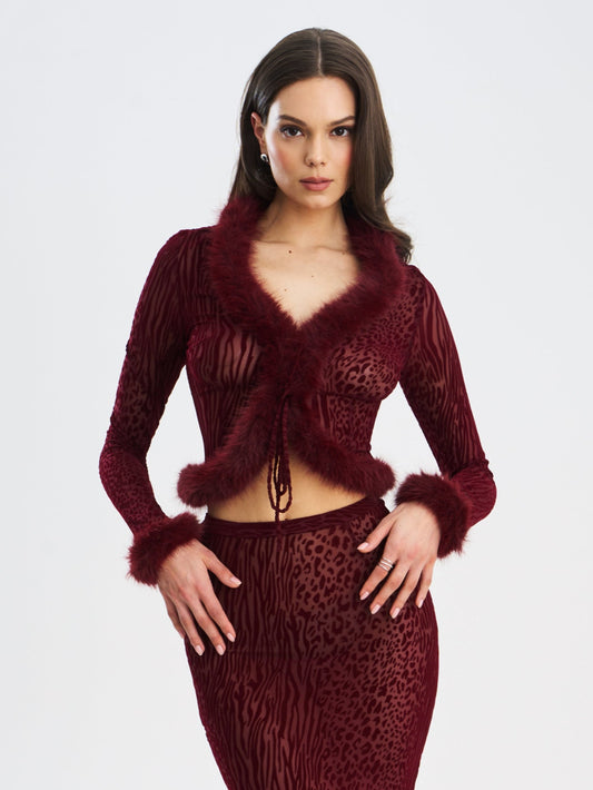 Hali Burgundy Animal Print Burnout Velvet Fur Top