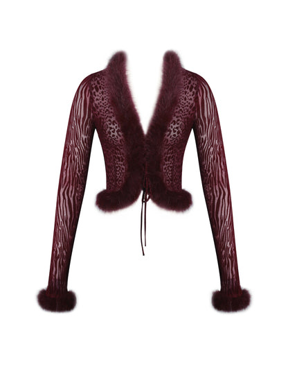 Hali Burgundy Animal Print Burnout Velvet Fur Top