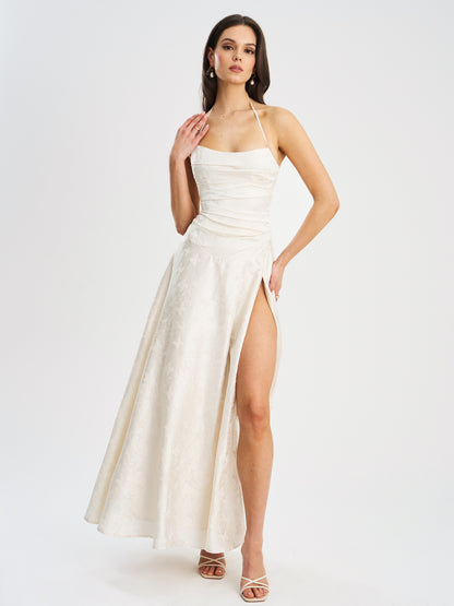 Raegan Pearl White Jacquard Rouched Maxi Dress