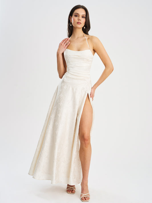 Raegan Pearl White Jacquard Rouched Maxi Dress