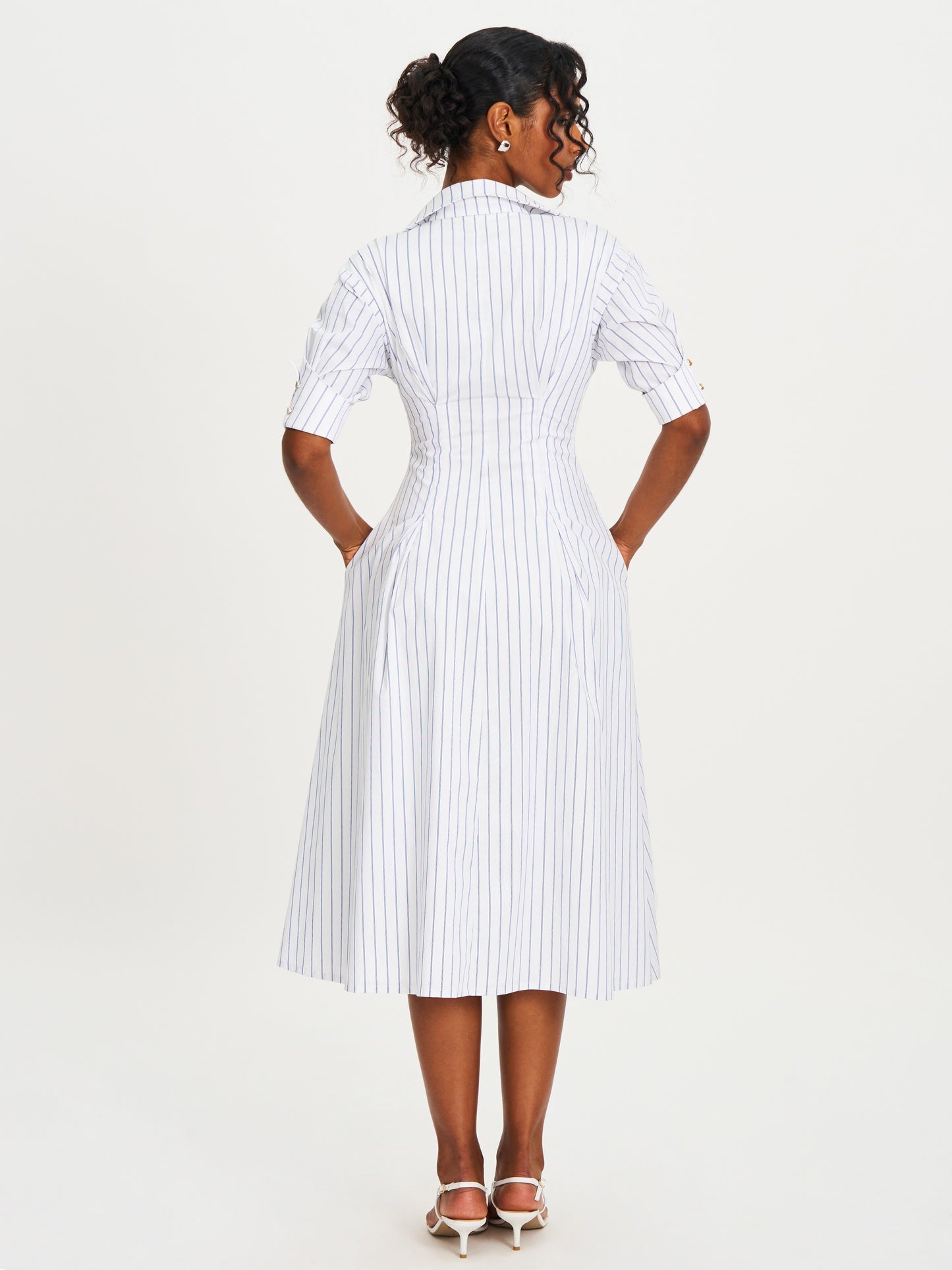 Palina Pinstripes Cotton Midi Preppy Shirt Dress