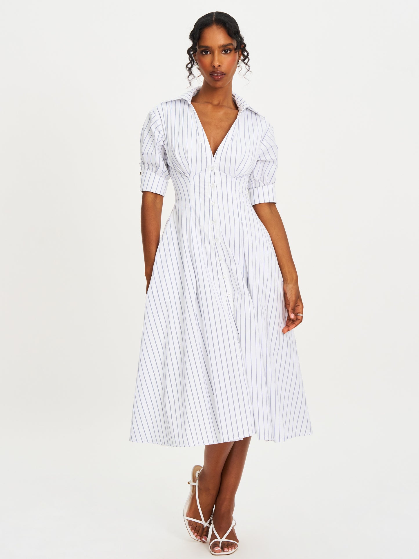 Palina Pinstripes Cotton Midi Preppy Shirt Dress