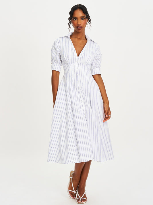 Palina Pinstripes Cotton Midi Preppy Shirt Dress