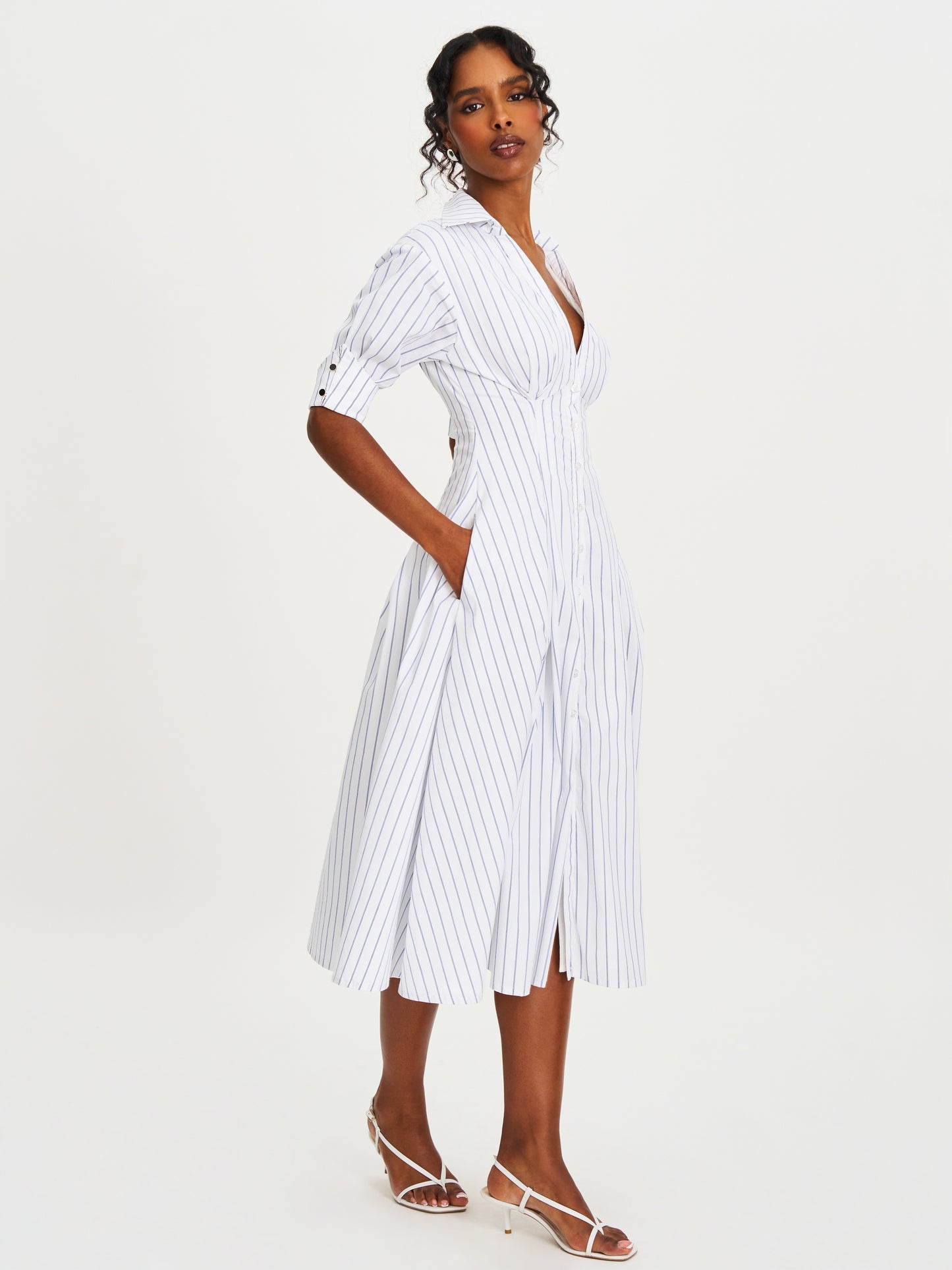 Palina Pinstripes Cotton Midi Preppy Shirt Dress