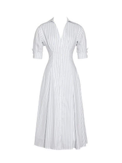 Palina Pinstripes Cotton Midi Preppy Shirt Dress