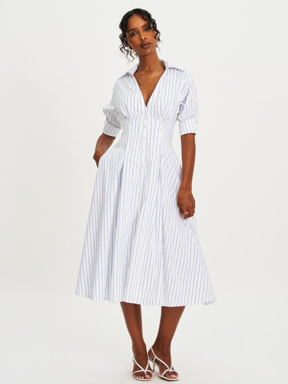 Palina Pinstripes Cotton Midi Preppy Shirt Dress