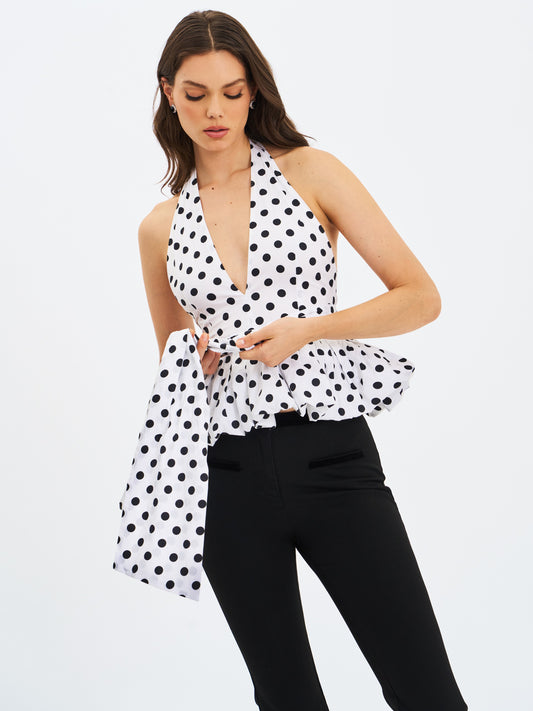 Ilene White And Black Polka Dot Bubble Hem Top