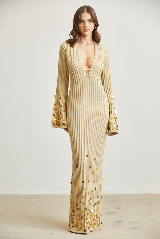 Sequin Rib-Knit Maxi Dress