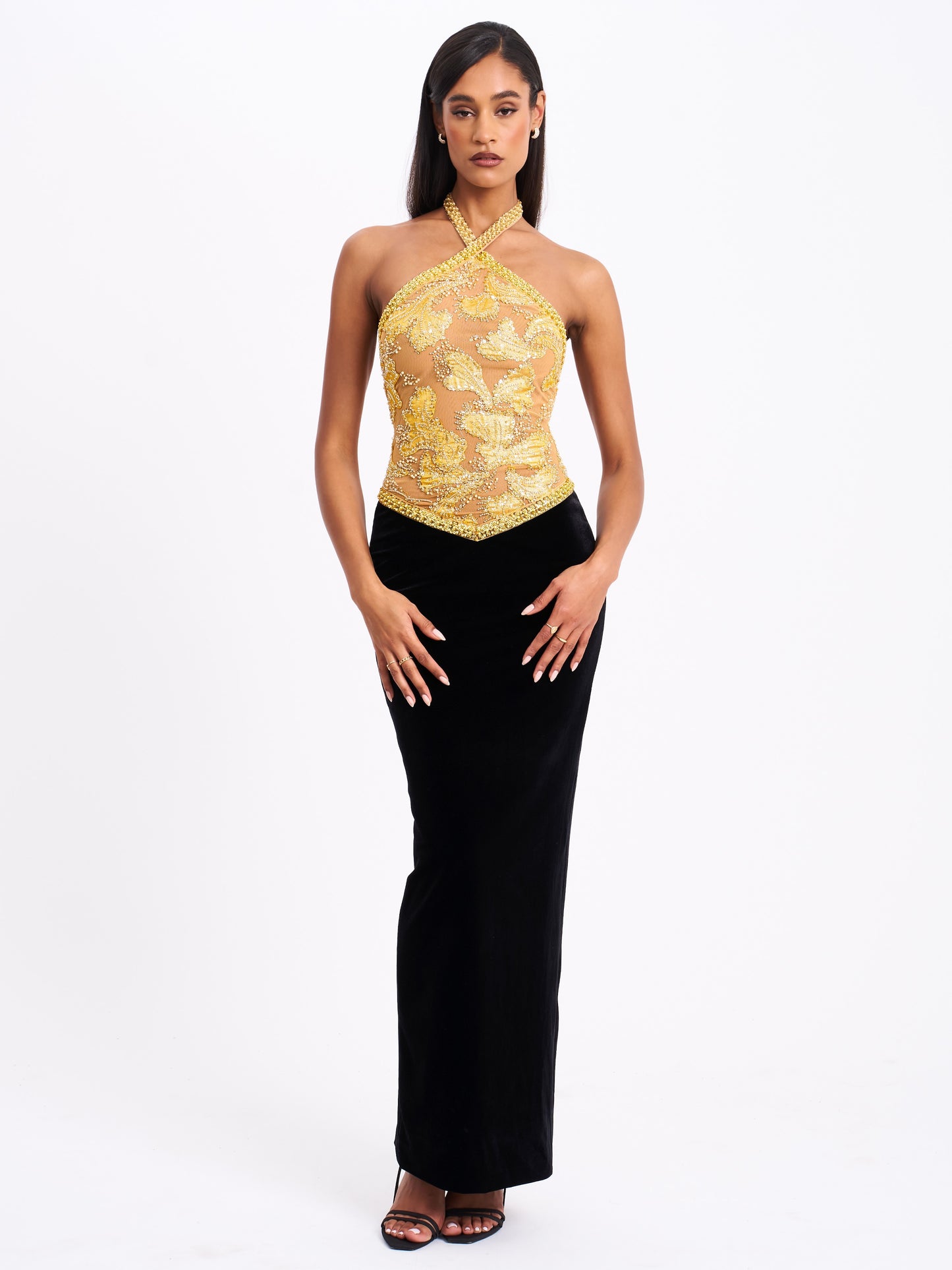 Gazelle Gold Embroidered Vintage Style Maxi Dress