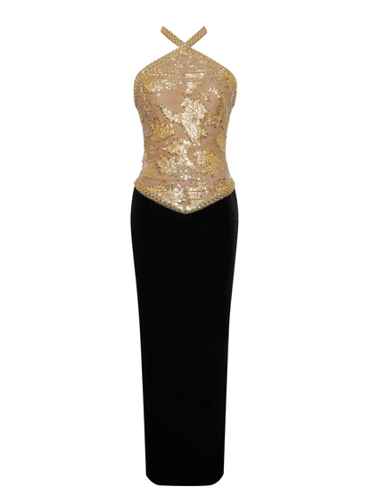 Gazelle Gold Embroidered Vintage Style Maxi Dress