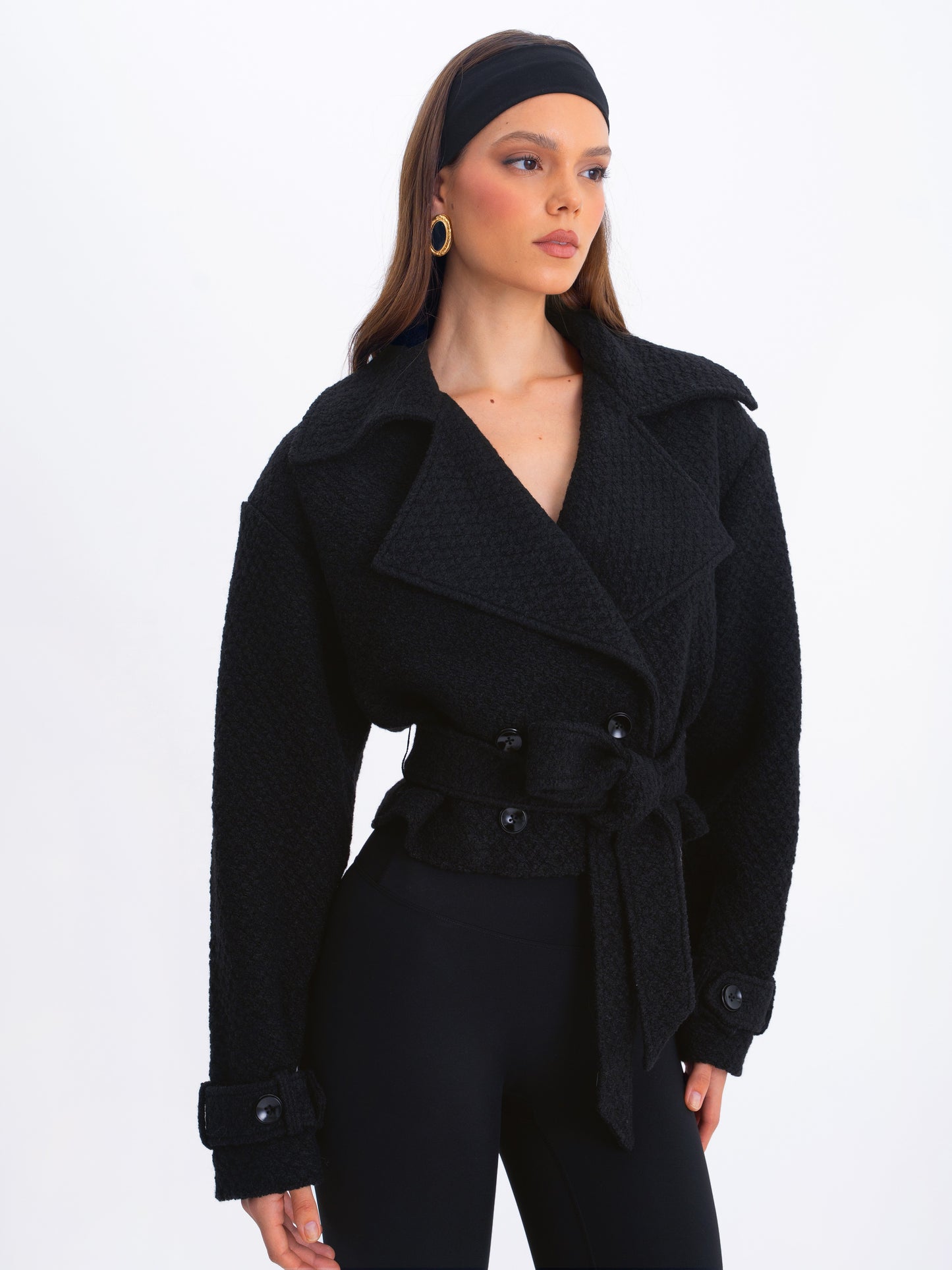 Dara Black Wool Double-breasted Belted Coat