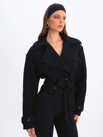 Dara Black Wool Double-breasted Belted Coat
