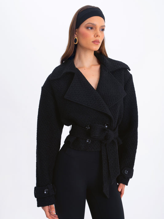 Dara Black Wool Double-breasted Belted Coat