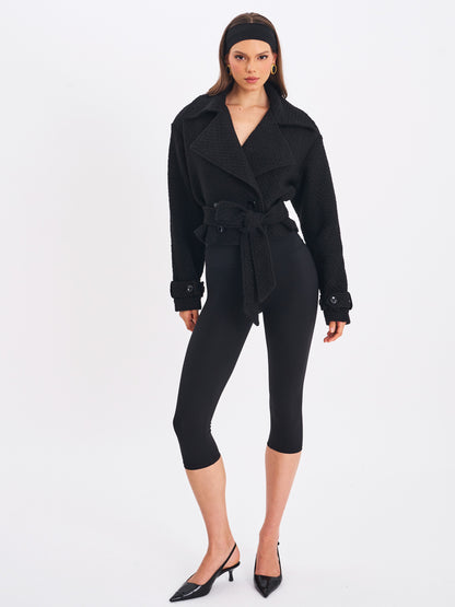 Dara Black Wool Double-breasted Belted Coat