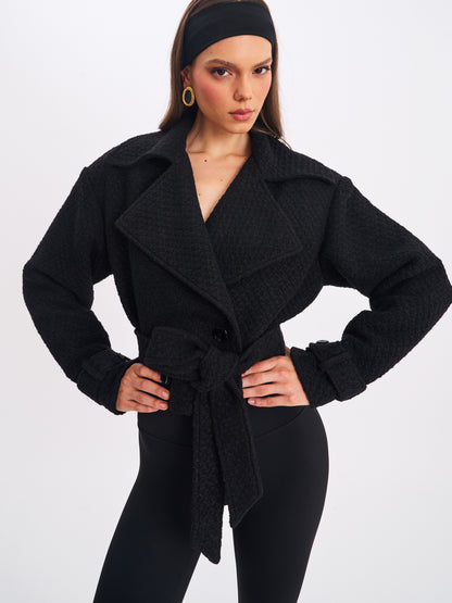 Dara Black Wool Double-breasted Belted Coat