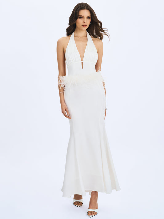 Solene Halter Backless Feather-trim Maxi Dress