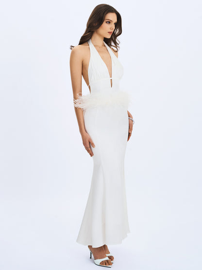 Solene Halter Backless Feather-trim Maxi Dress