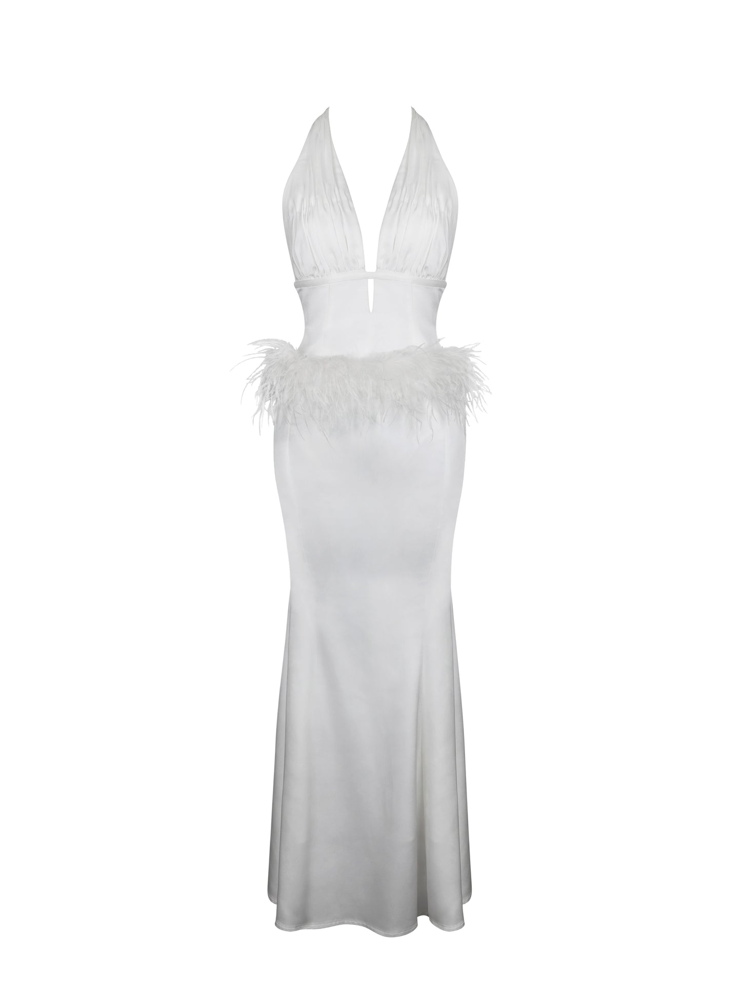 Solene Halter Backless Feather-trim Maxi Dress
