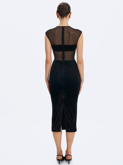 Quielle Black Mesh And Velvet Midi Bodycon Dress