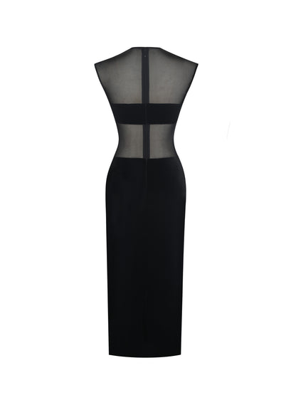 Quielle Black Mesh And Velvet Midi Bodycon Dress