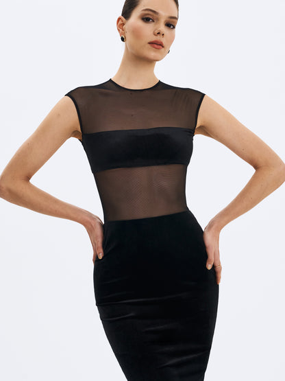 Quielle Black Mesh And Velvet Midi Bodycon Dress