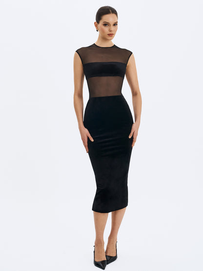 Quielle Black Mesh And Velvet Midi Bodycon Dress
