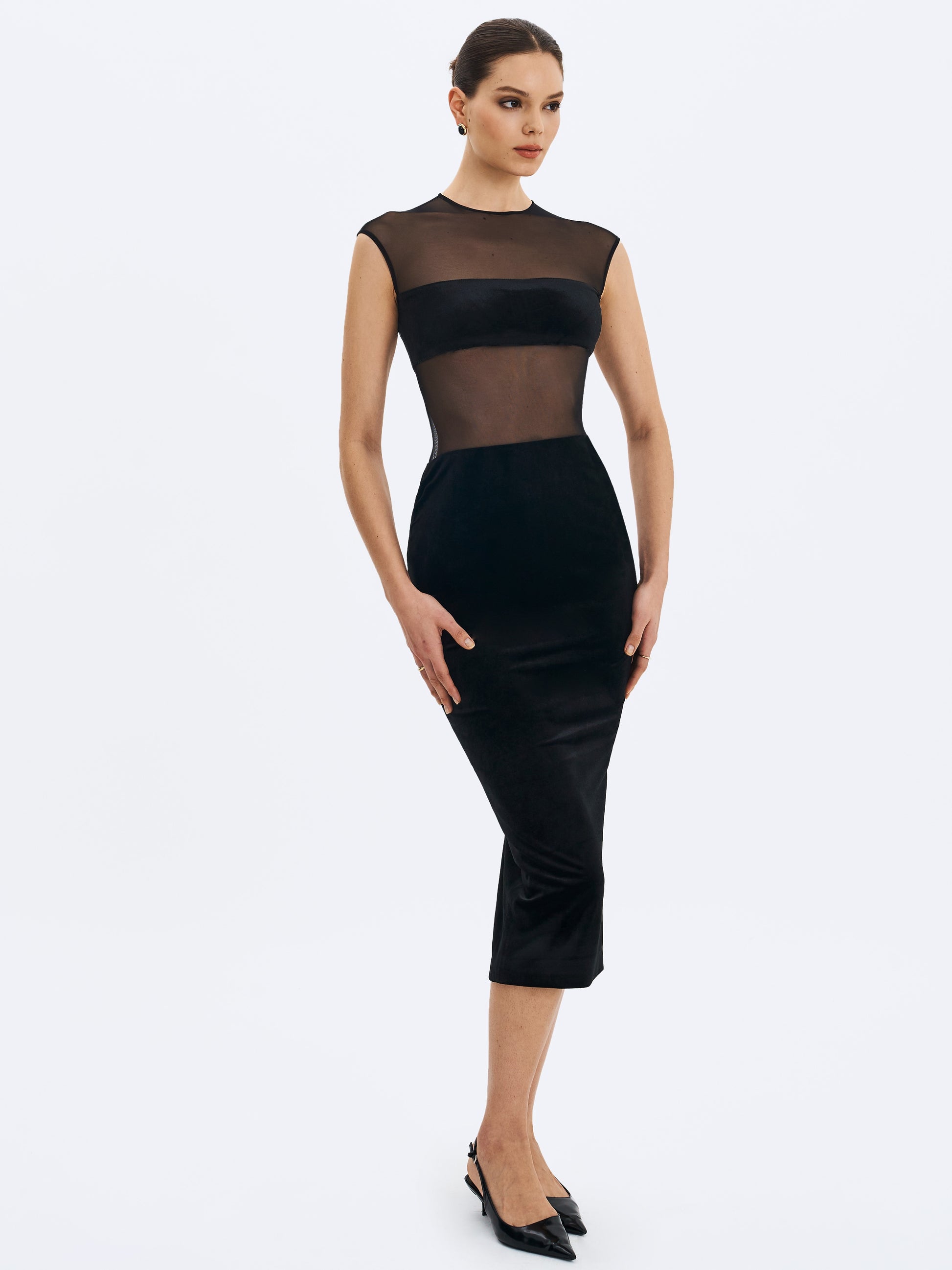 Quielle Black Mesh And Velvet Midi Bodycon Dress – So.Fvshionable