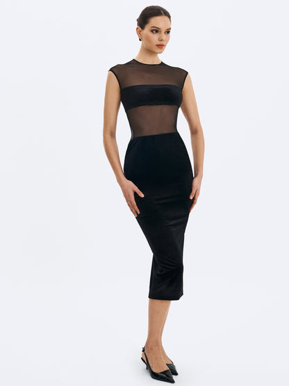 Quielle Black Mesh And Velvet Midi Bodycon Dress