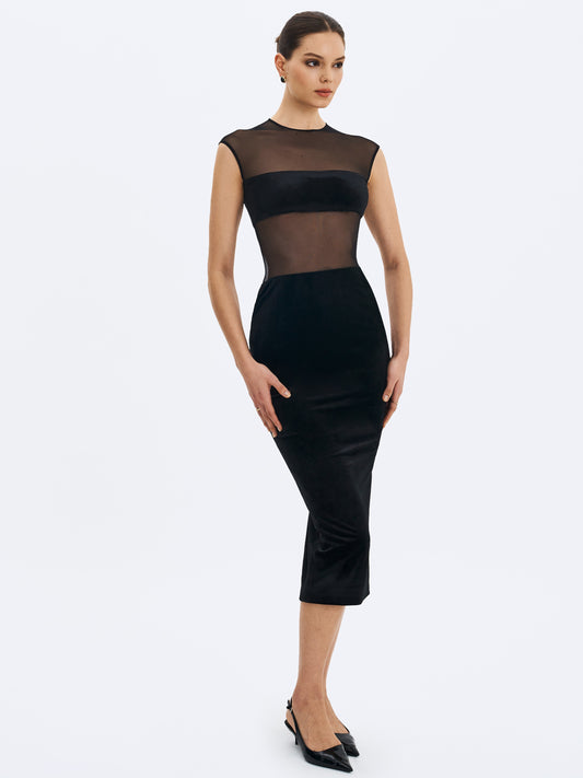 Quielle Black Mesh And Velvet Midi Bodycon Dress