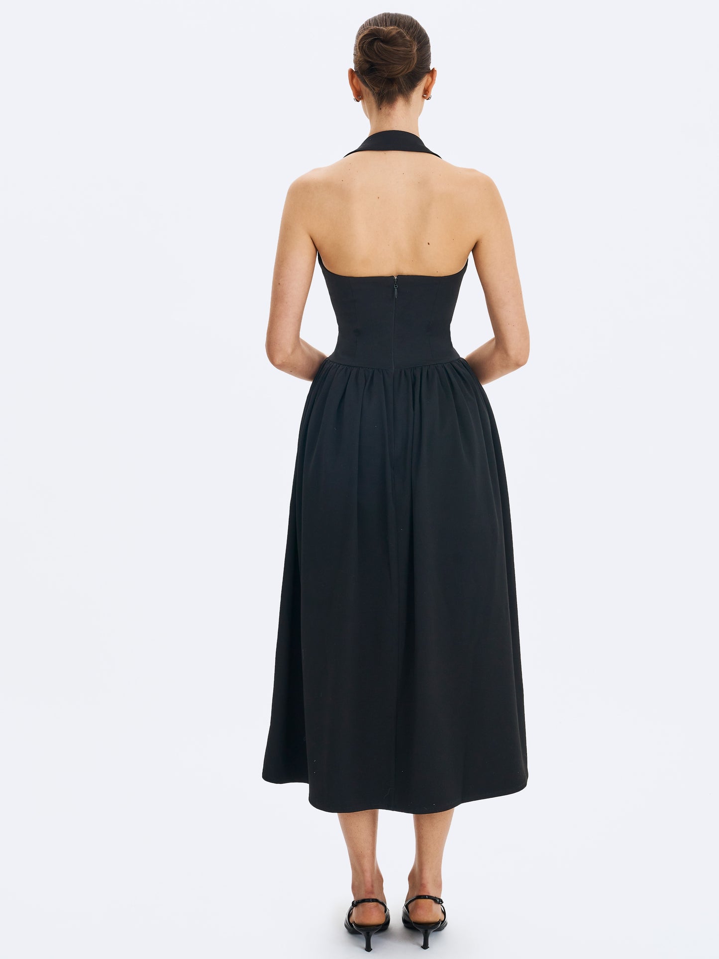 Delaney Black Lapel Halter Midi A-line Dress