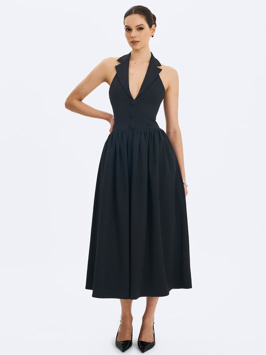 Delaney Black Lapel Halter Midi A-line Dress