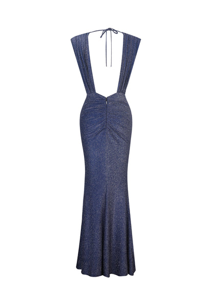 Terri Navy Sparkle Plunging Backless Maxi Dress