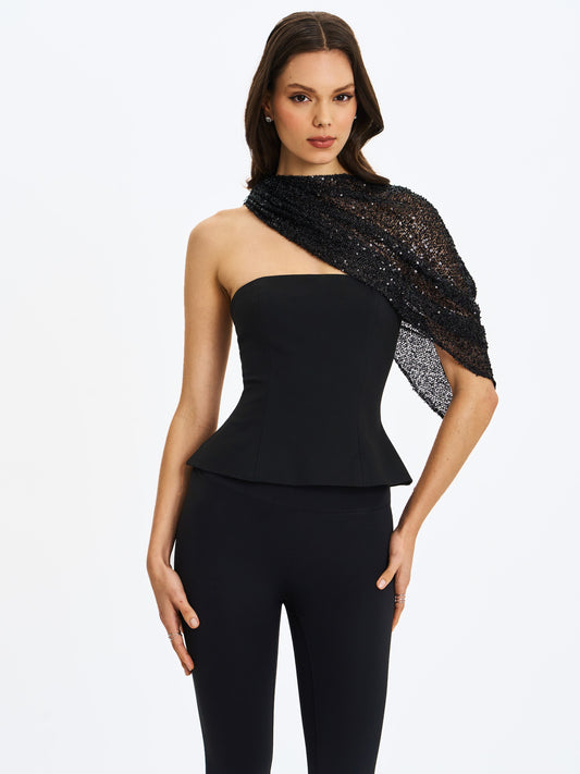 Quinette Black Top With Beaded Asymmetrical Cape