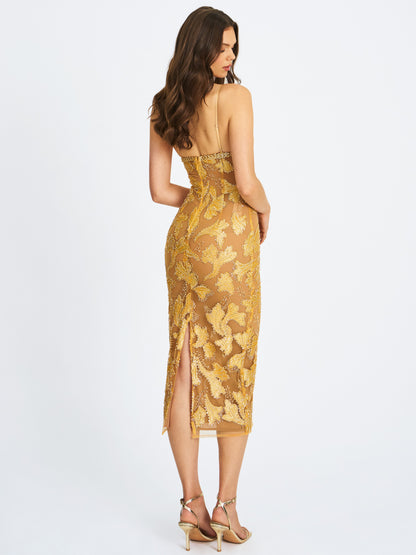 Edie Gold Beaded Sequin Midi Pencil Dress