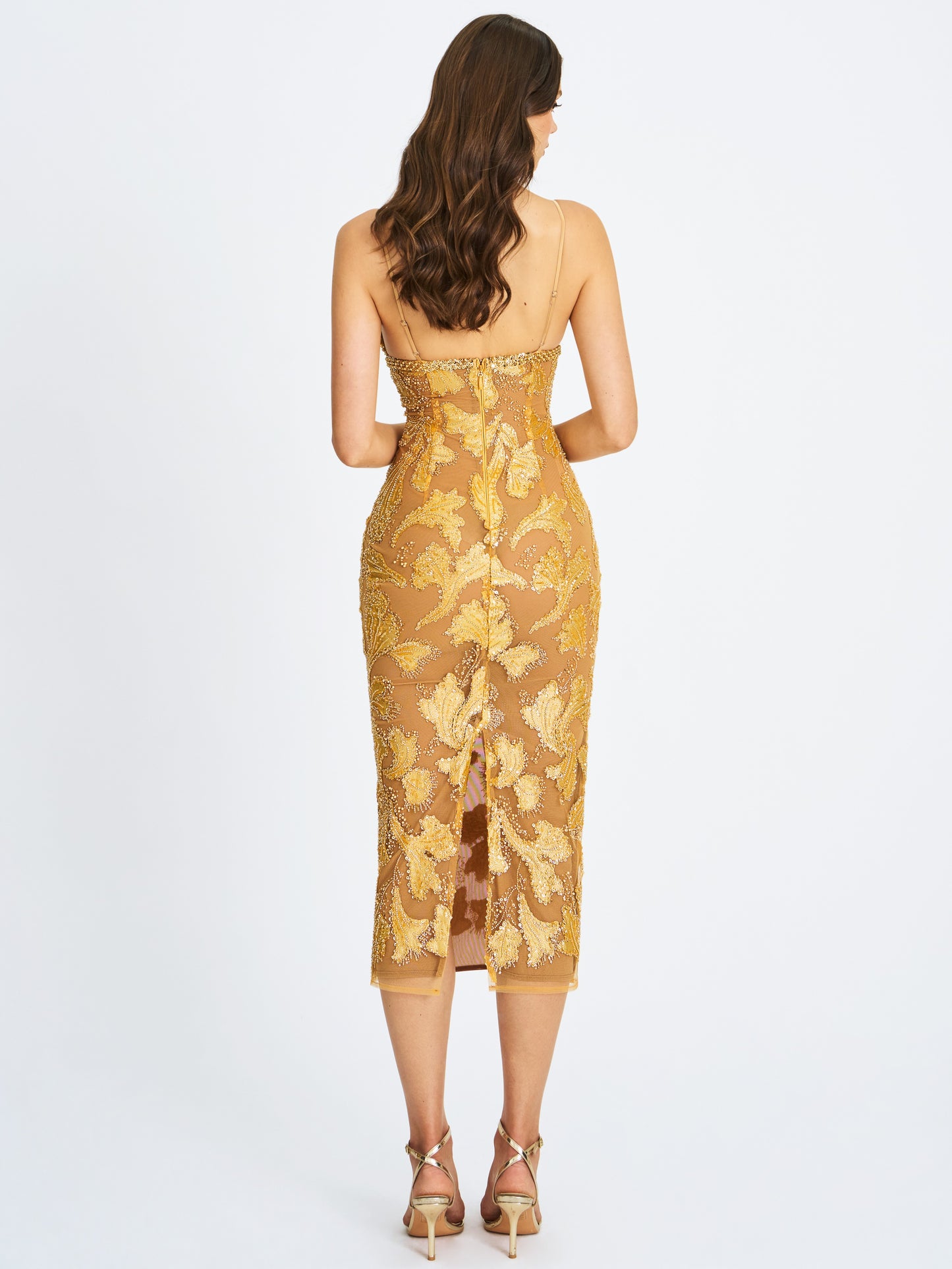 Edie Gold Beaded Sequin Midi Pencil Dress