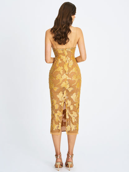 Edie Gold Beaded Sequin Midi Pencil Dress