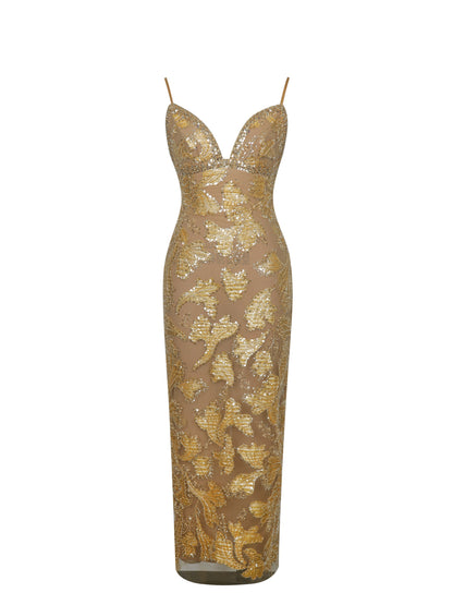 Edie Gold Beaded Sequin Midi Pencil Dress