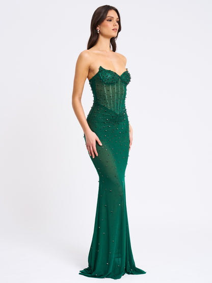 Fatima Green Crystal Sleeveless Corset Maxi Dress